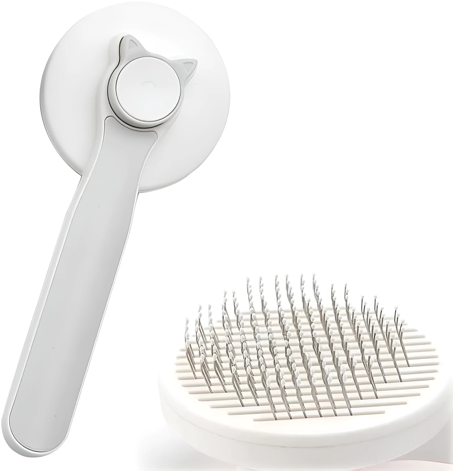 Blue self-cleaning pet grooming brush with round-tipped metal pins and a rubber handle.