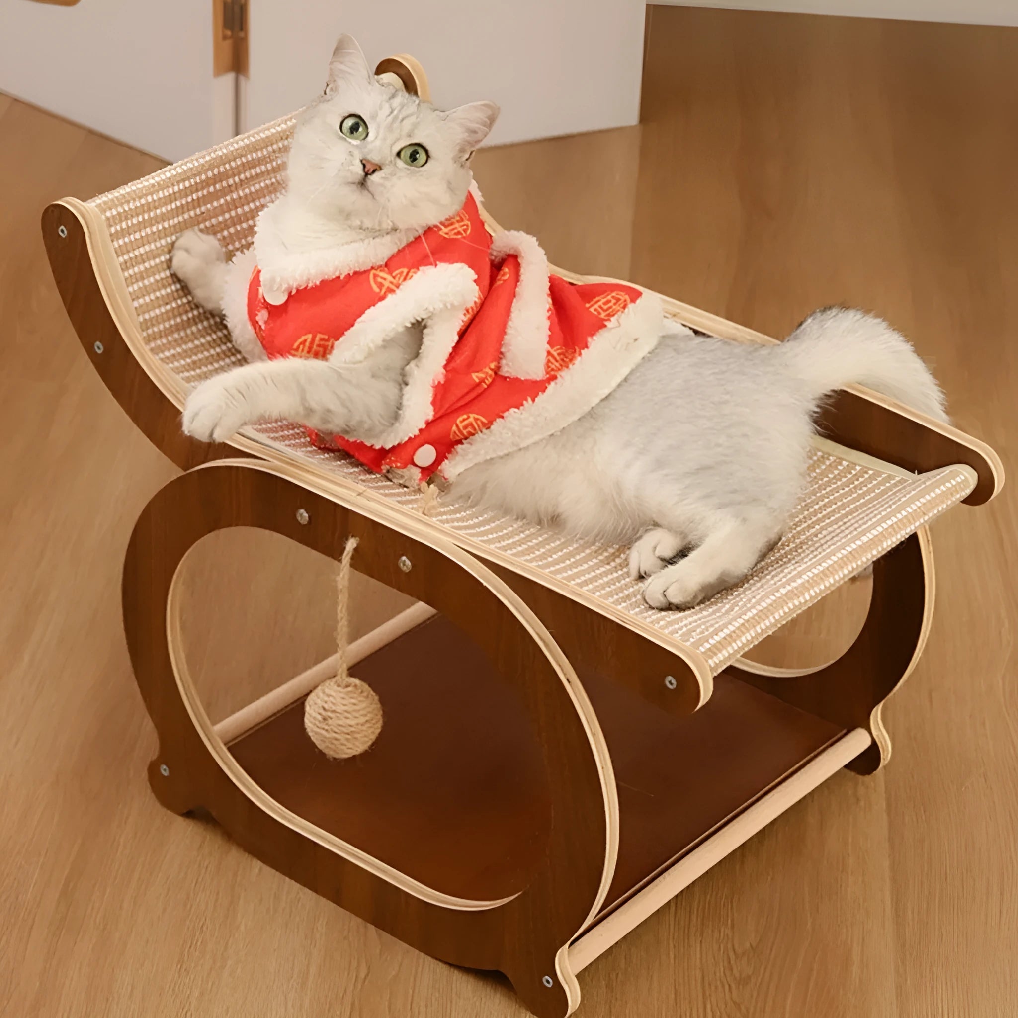 Solid wood sisal cat scratching mat with integrated recliner bed in walnut colour