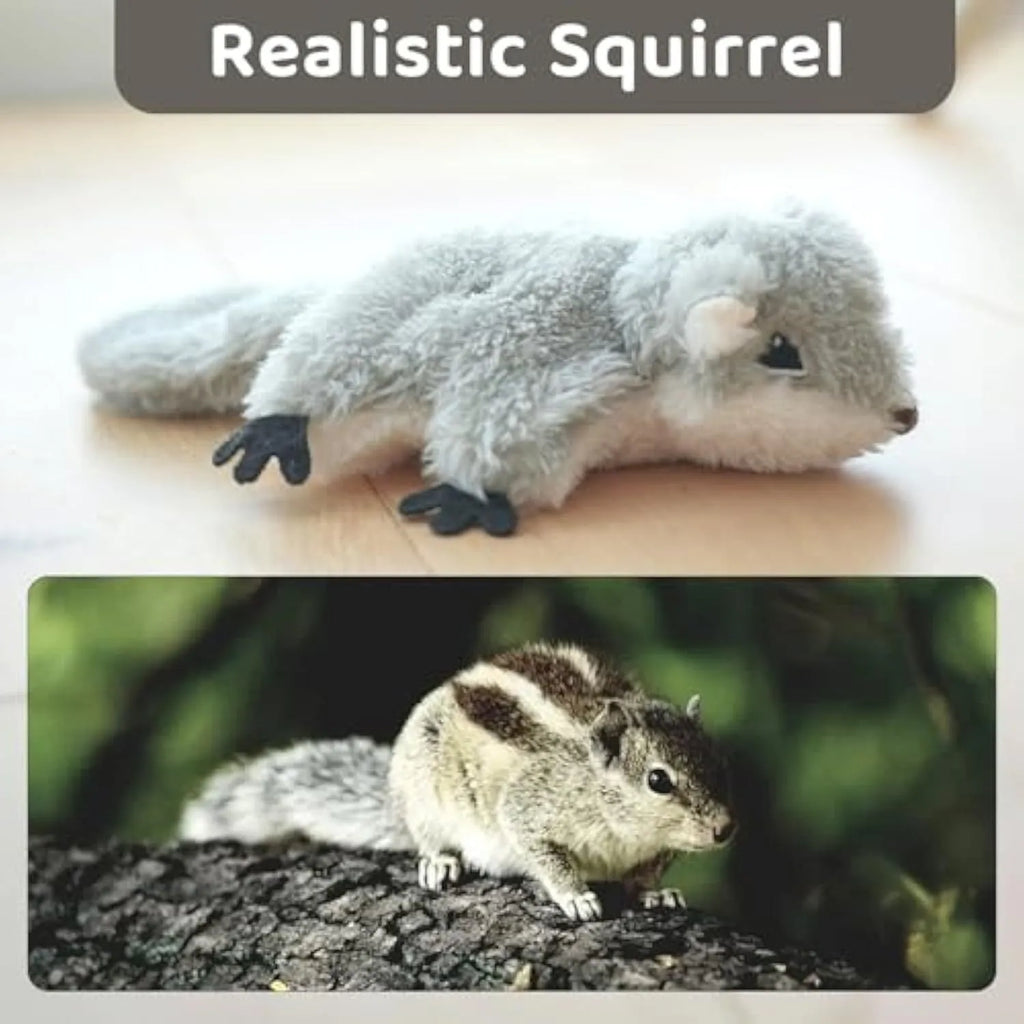 Grey plush flapping squirrel cat toy with motion sensor and USB charging unit