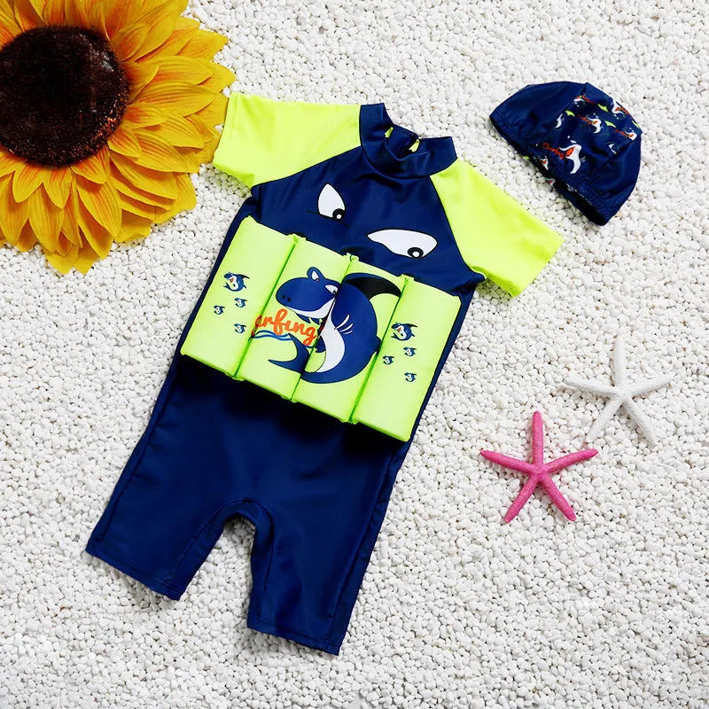 Children's buoyancy swimsuit with sun protection in Korean-style plaid print for early swimming education