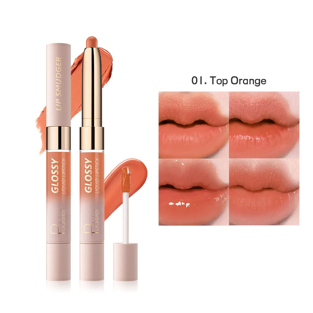 Double-headed lipstick and lip gloss stick showing ten colour options with matte finish
