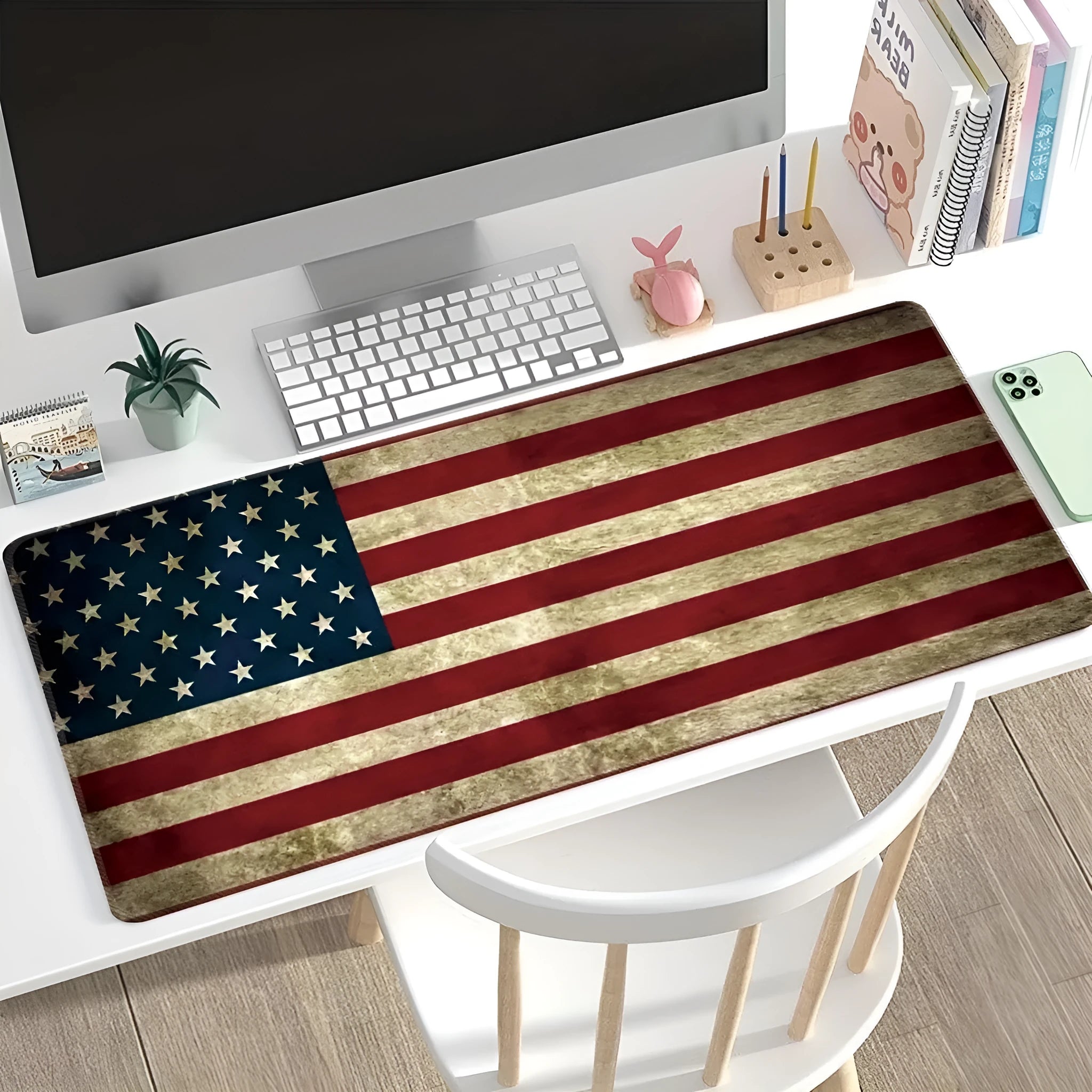 Large rectangular desk pad with printed pattern, showing non-slip natural rubber base.