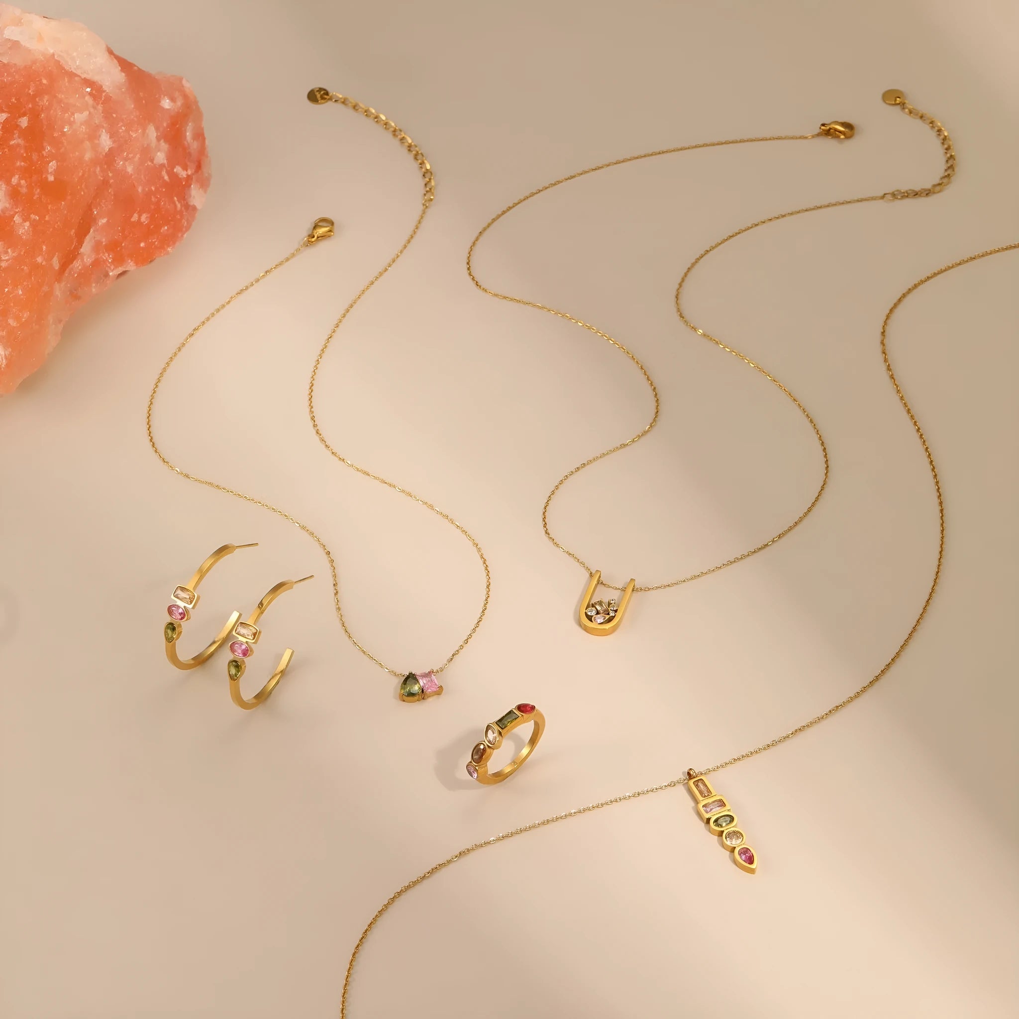 Geometric gold-plated jewellery set with zircon necklace, earrings, and ring on adjustable chain