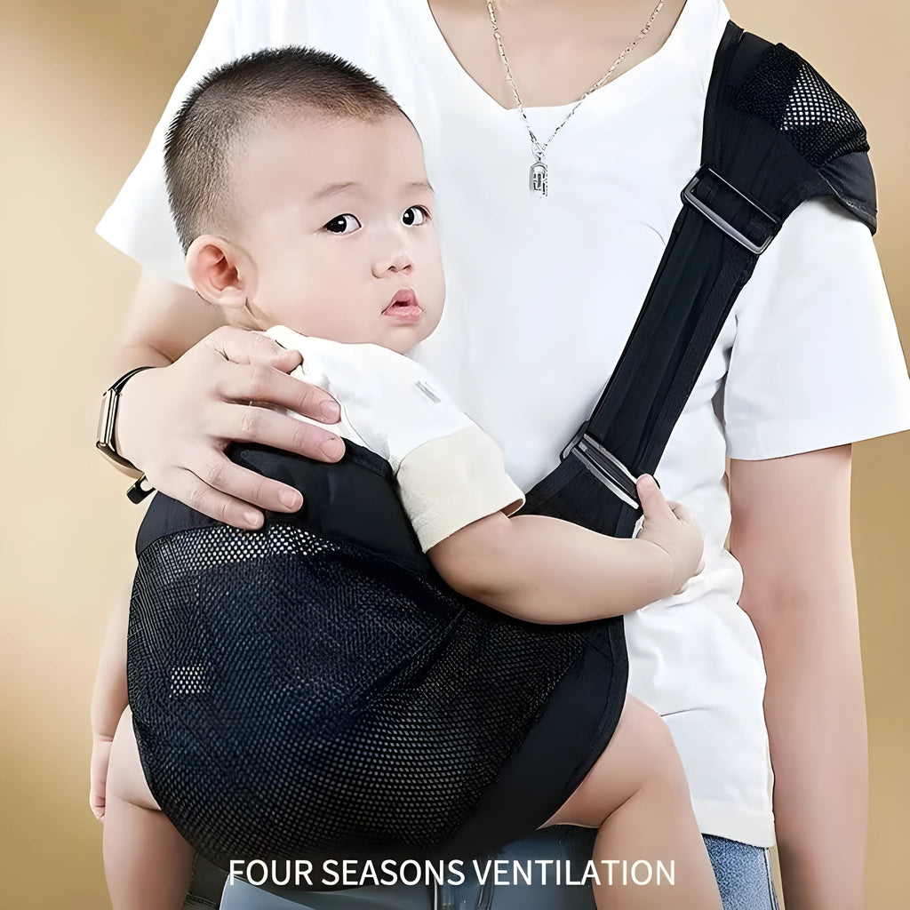 Baby waist stool carrier in grey colour showing adjustable design for infant support