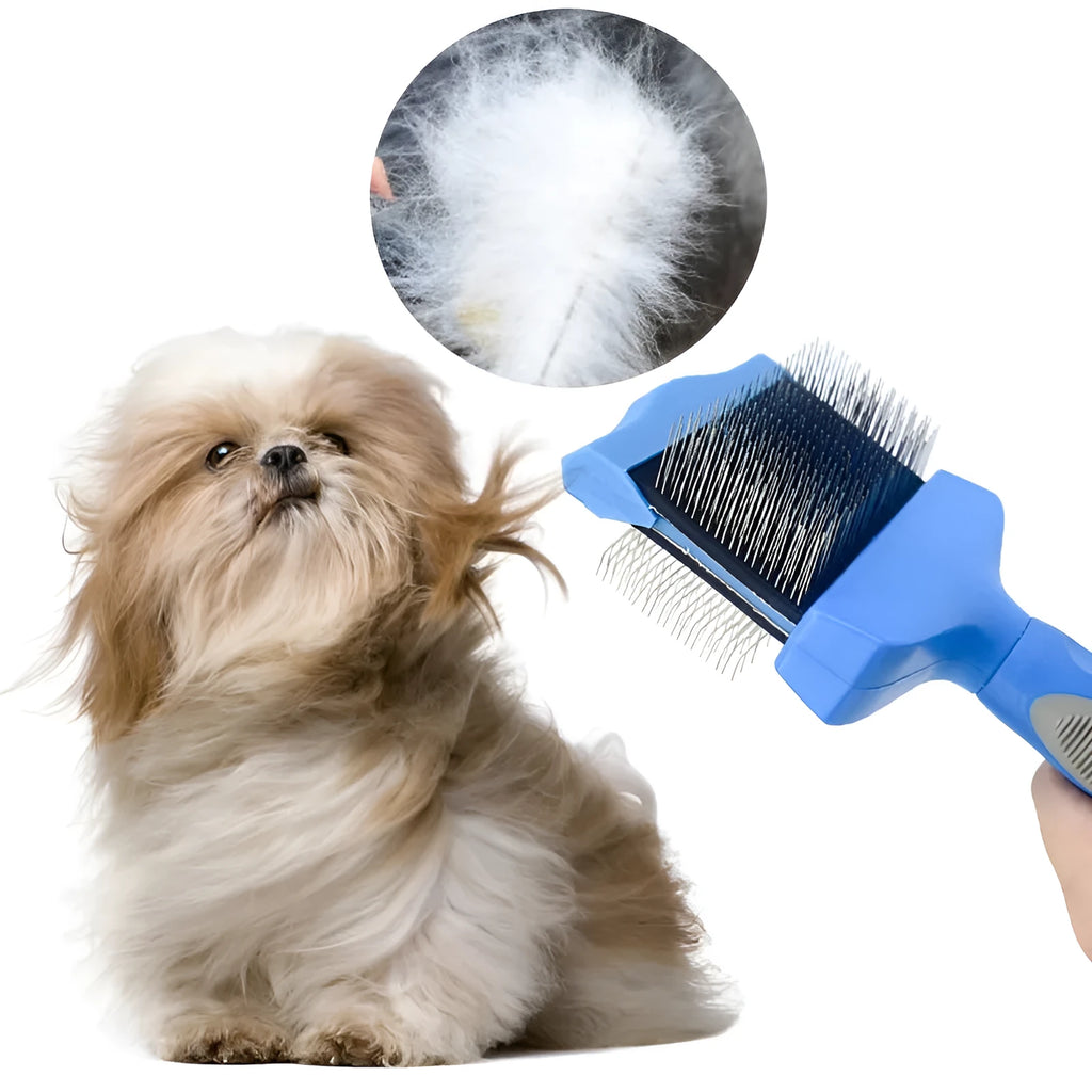 Blue double-sided pet brush with stainless steel pins on one side and a mix of soft and firm pins on the other.