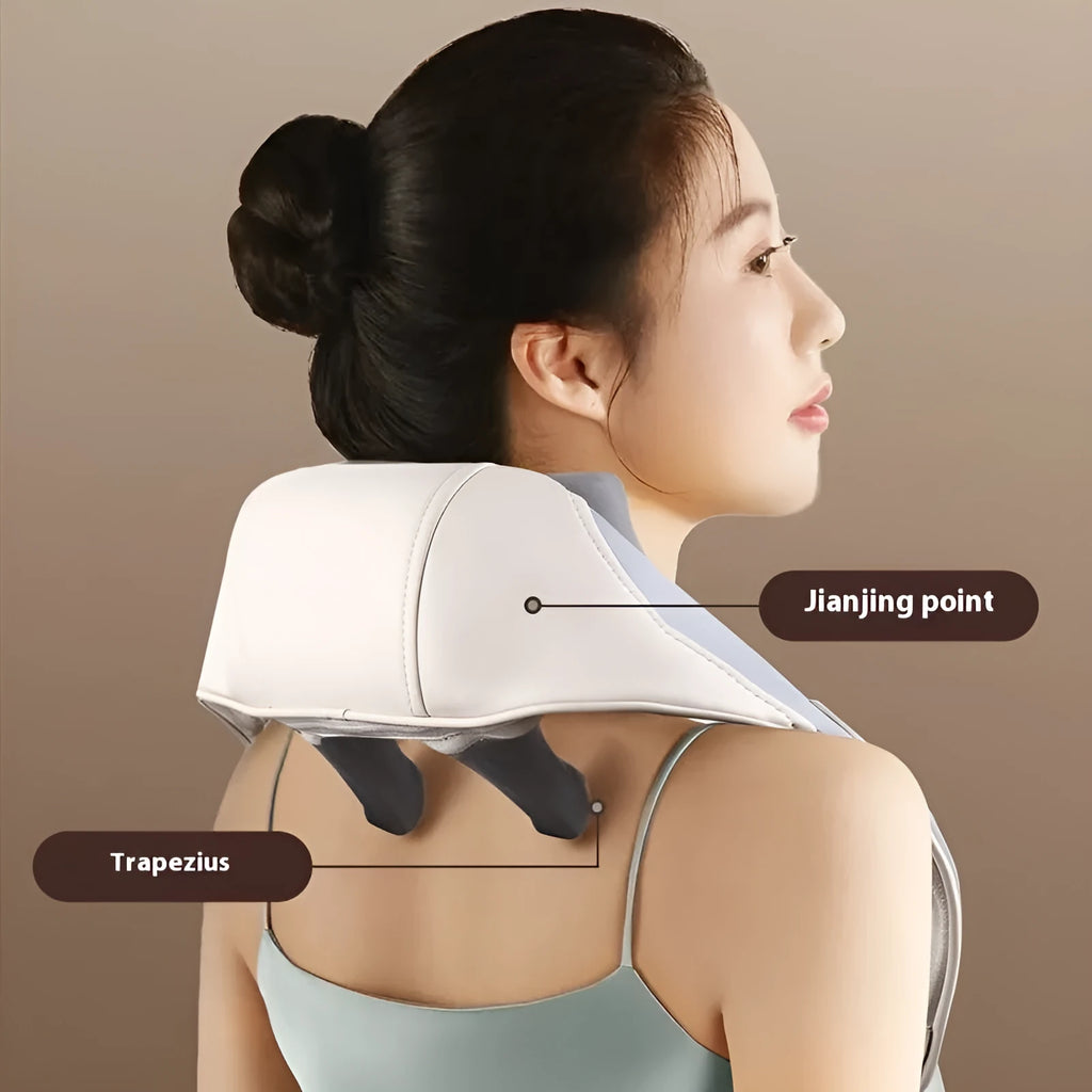 Electric neck massager foldable rechargeable multi-mode heat support blue and beige on white background