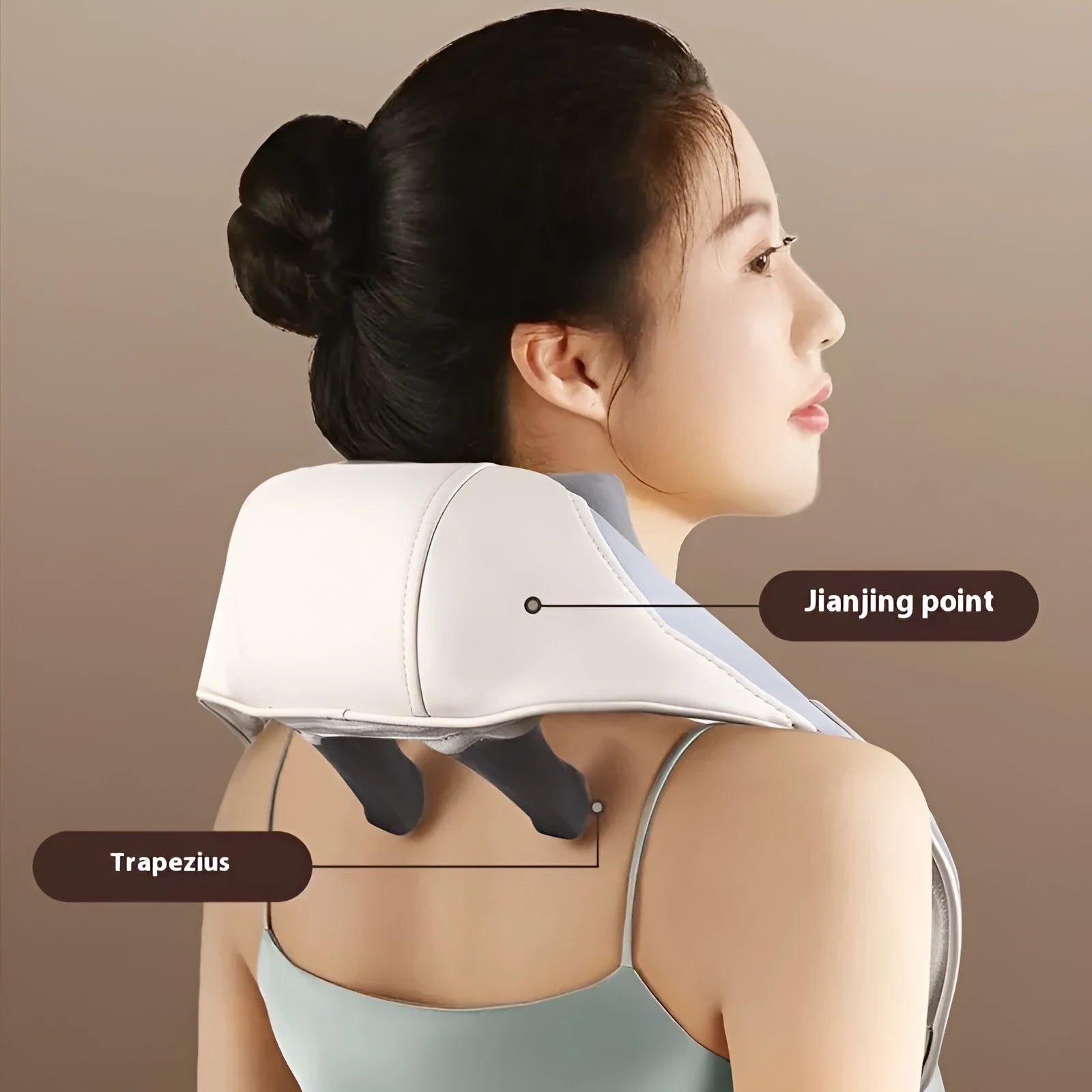 Electric neck massager foldable rechargeable multi-mode heat support blue and beige on white background