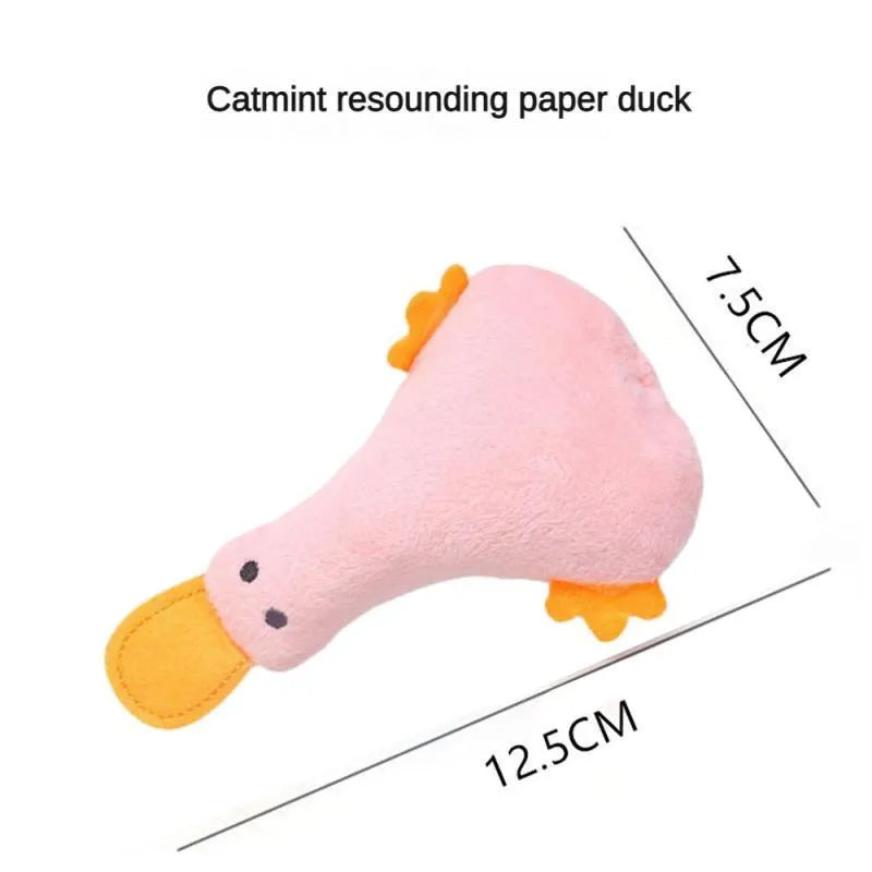 Duck-shaped plush pet toy with squeaker and catnip filling in assorted colours for cats and dogs