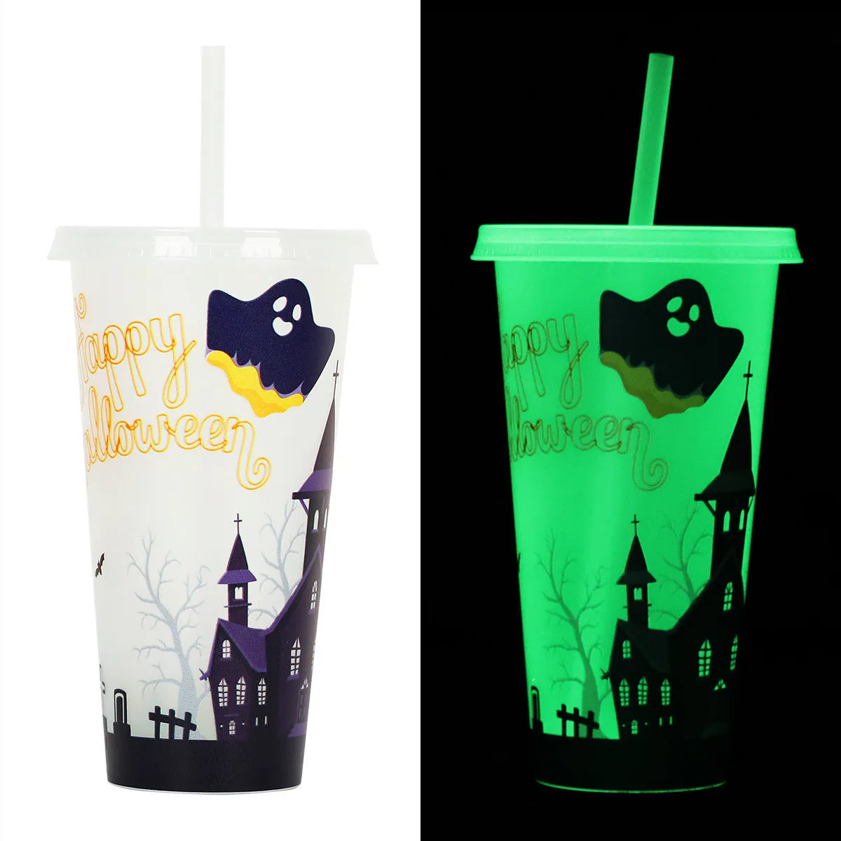720ml colourful plastic Halloween sippy cup with a straw on a table.