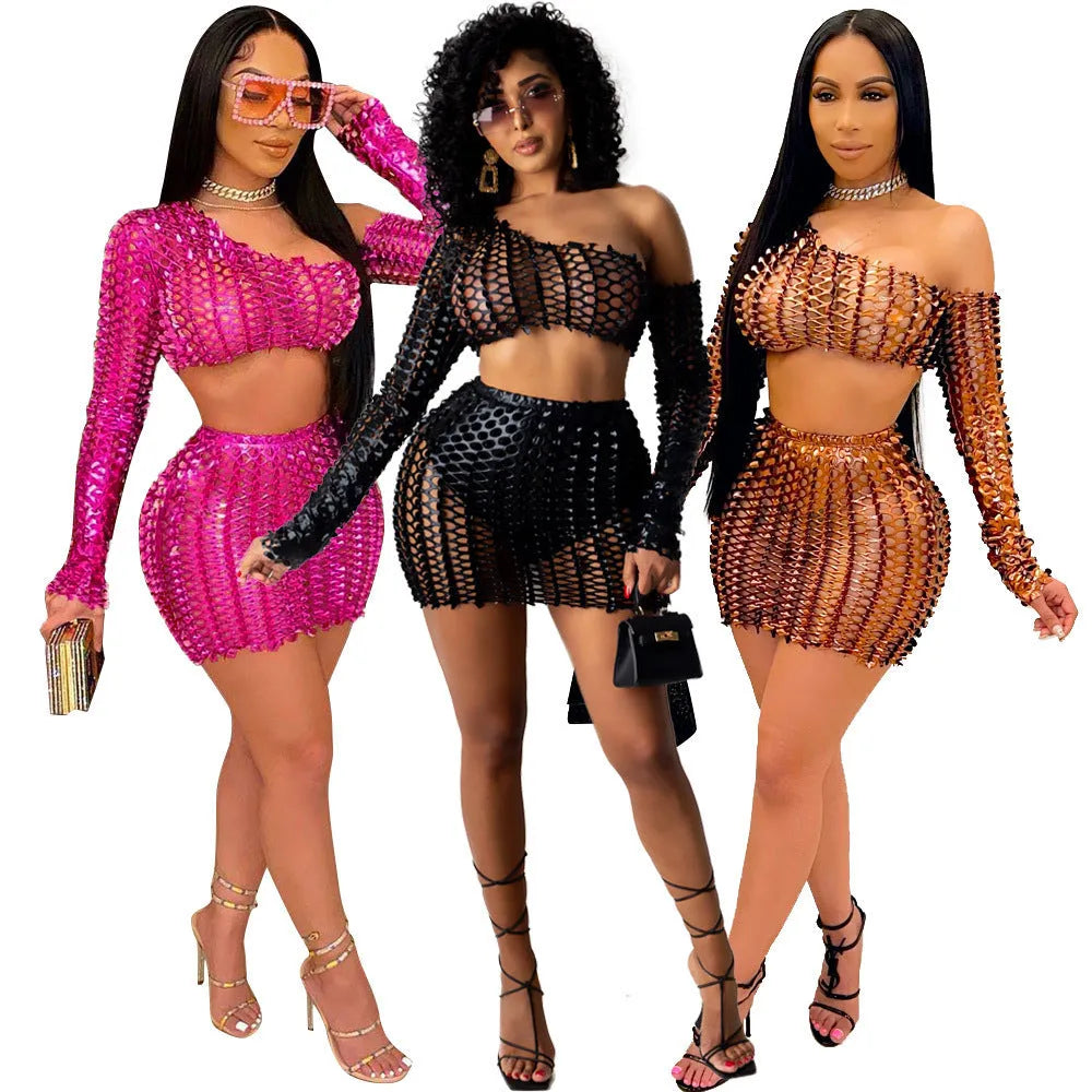 Women's two-piece dress set with hollow-out sleeveless top and short skirt in four colour options