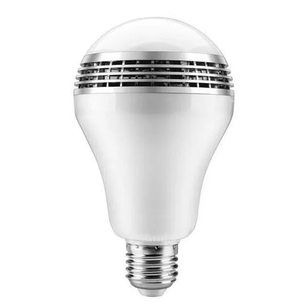 Smart LED bulb with integrated Bluetooth speaker for E27 lamp holders, showing colour-changing RGB light.
