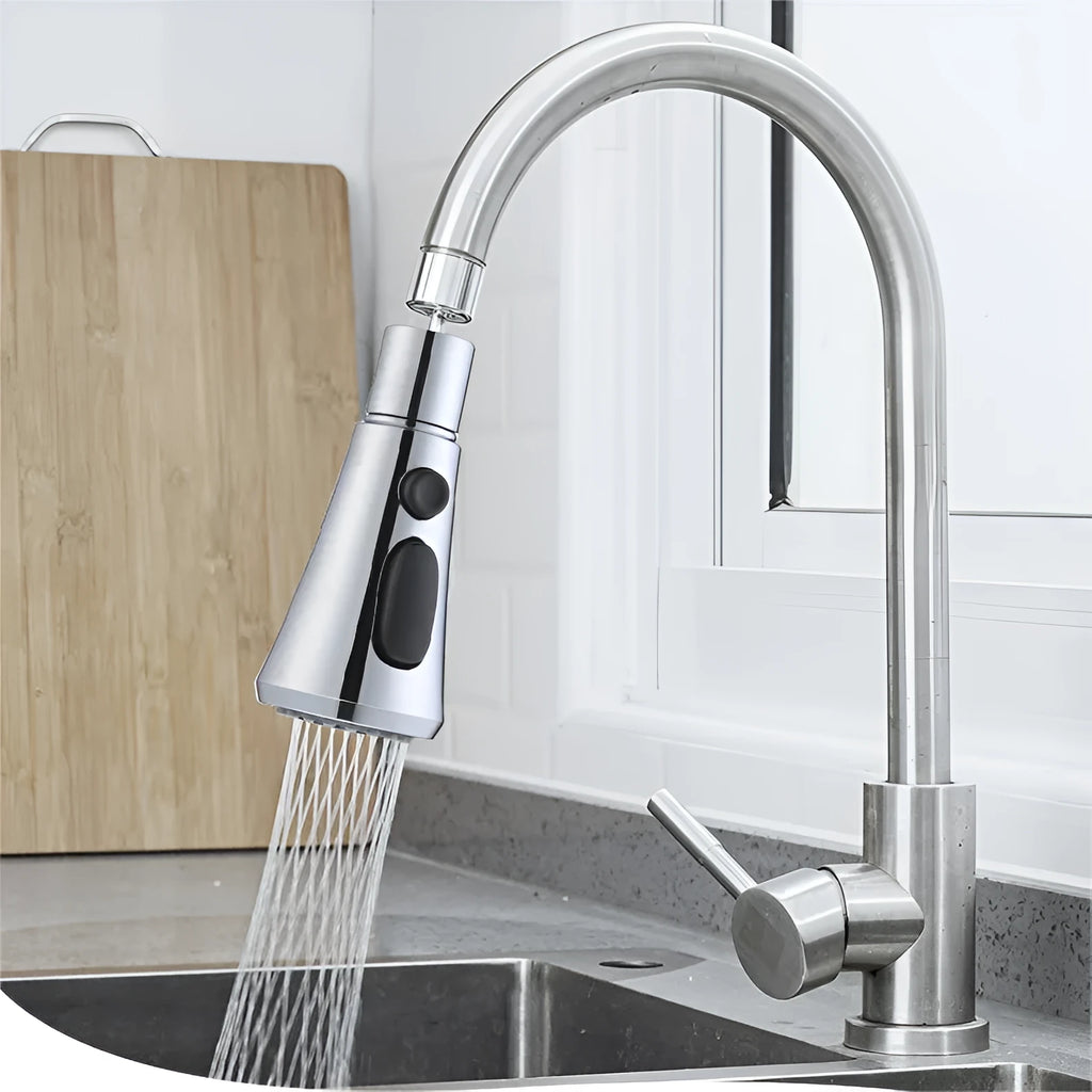 Universal pressurized faucet sprayer in matte black with 360-degree rotating head on a kitchen sink