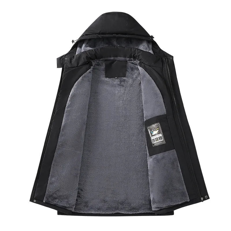 Plus size men's hooded waterproof coat in Army Green, shown on a model.
