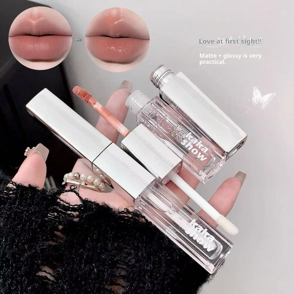 Kakashow double-headed lip glaze in velvet water gloss finish with five colour swatches