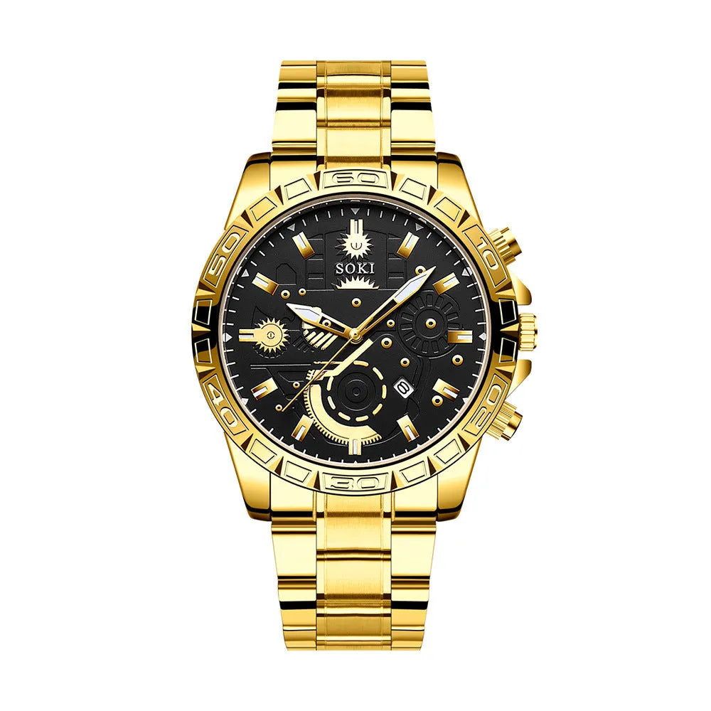Men's gold stainless steel business quartz watch with 10mm thickness on wrist