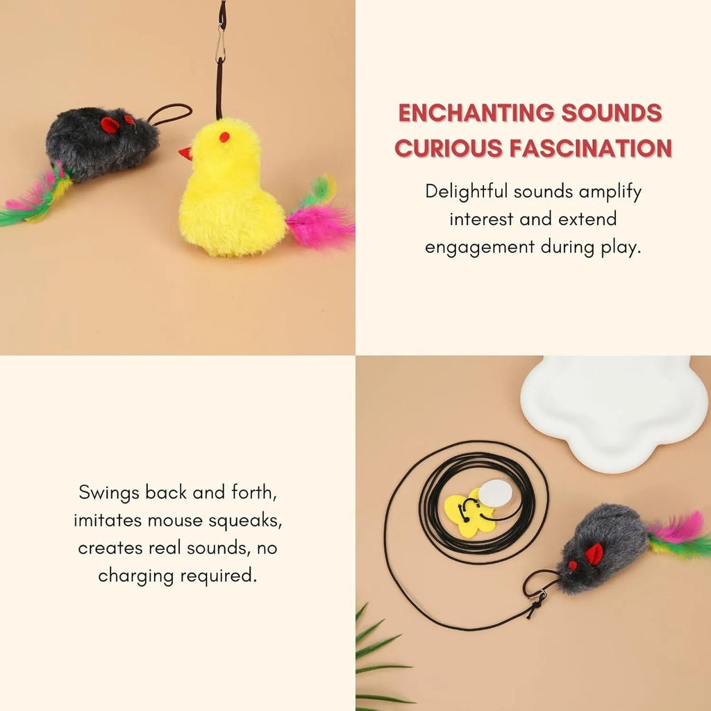 Creative interactive cat toy hanging on door frame with gray and yellow colour options, elastic rope, and treat dispensing bulb