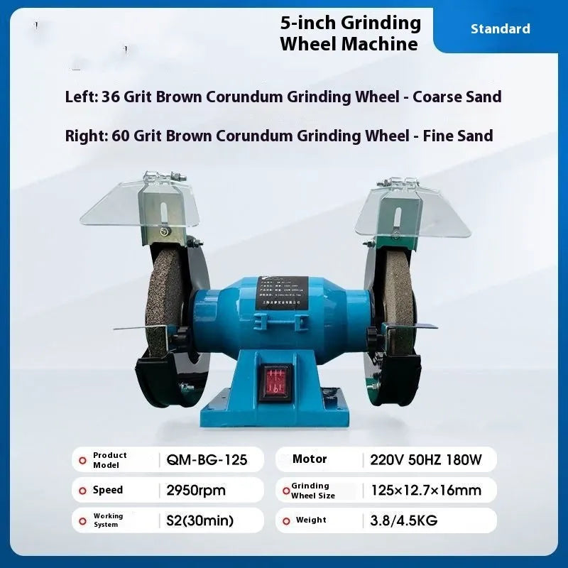 Compact 5-inch metal desktop polishing machine with a grinding wheel for sharpening knives.