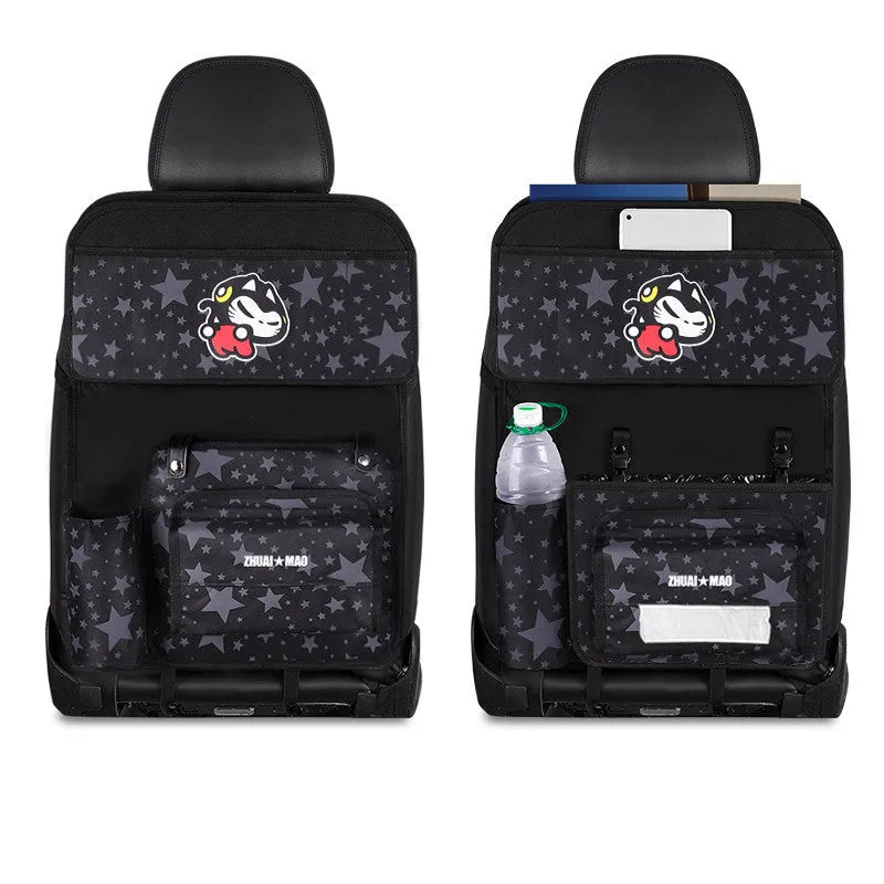 Pull Cat car seat back hanging storage bag in Oxford cloth and leather, 59x42cm, with dining table and tissue box option