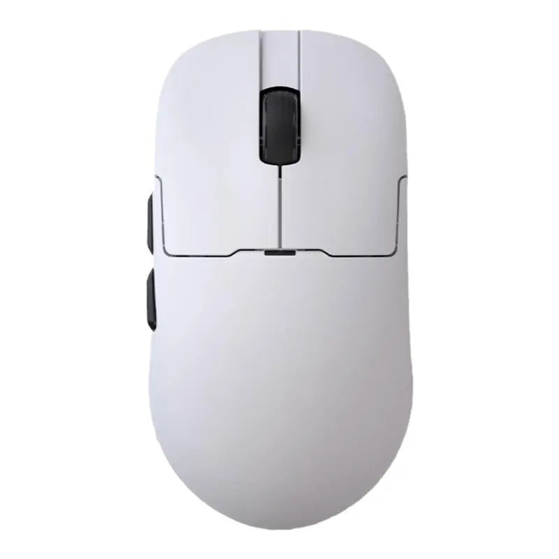 Tri-mode wireless gaming mouse in Yunfeng White colour on a black mouse pad, showing its compact profile.