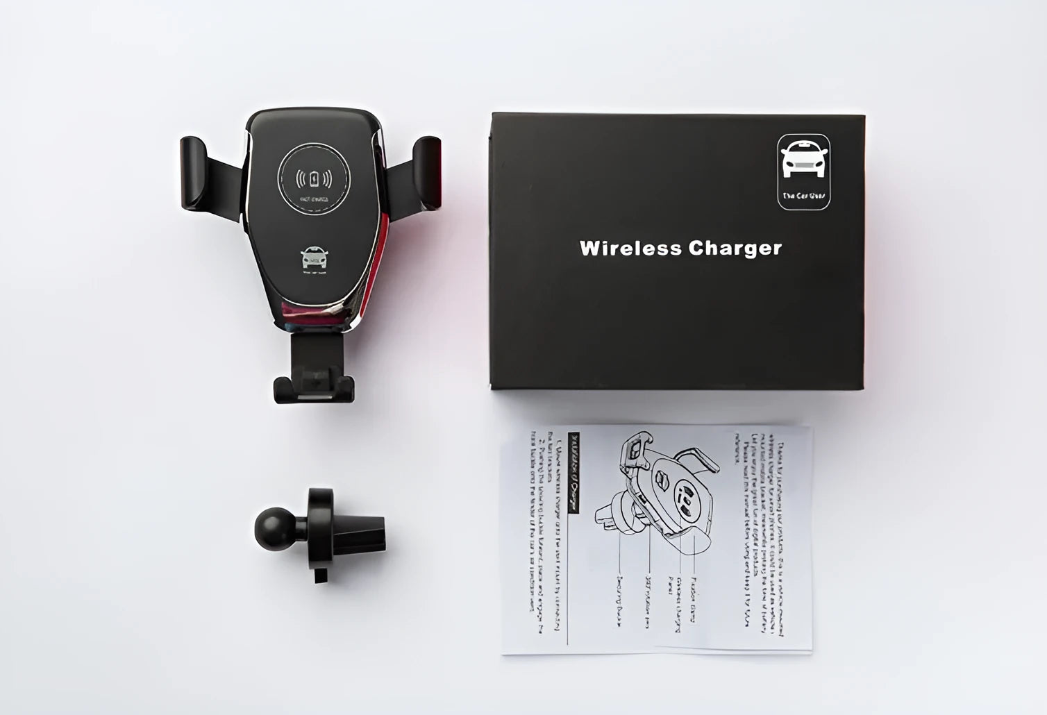 Car wireless charger with automatic gravity clamp mounted on vehicle vent, charging an iPhone