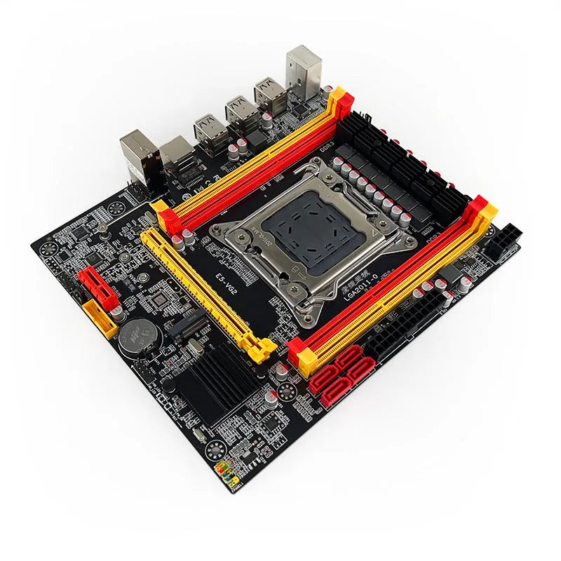X79-VG2 desktop ATX motherboard showing LGA 2011 socket, PCIe 16X slot, DDR3 slots, and M.2/SATA connectors.