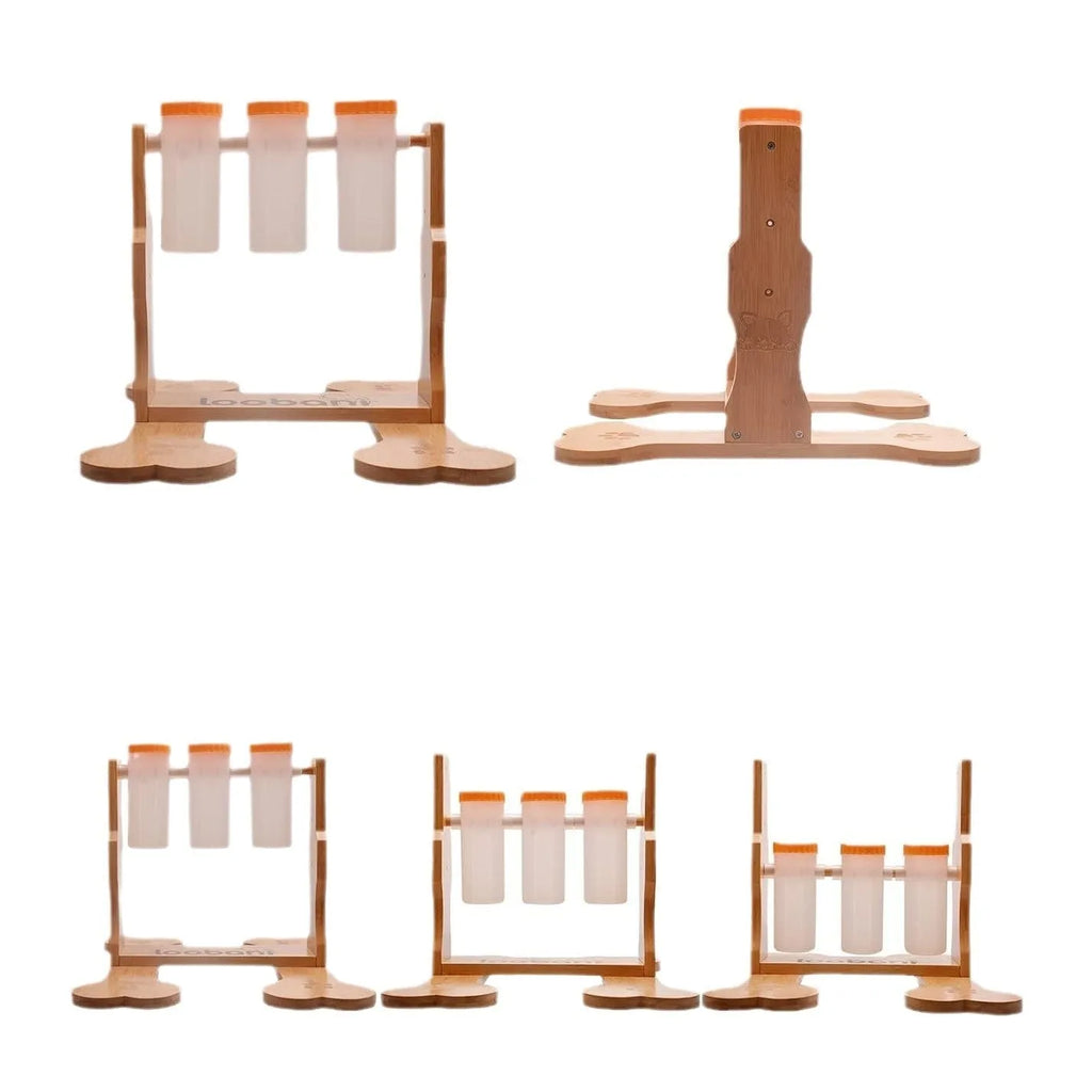 Natural wood colour interactive dog puzzle toy and snack dispenser feeder, 31cm by 30cm by 20cm.