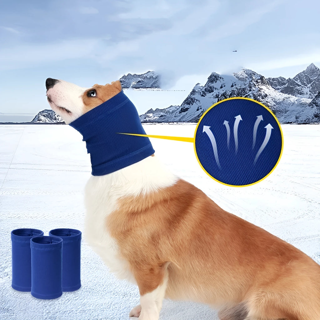 Blue and grey polyester headband scarf for dogs in small, medium, and large sizes.
