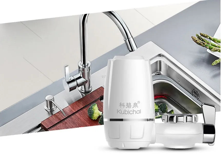 White kitchen tap water filter with ceramic cartridge and universal adapter fittings