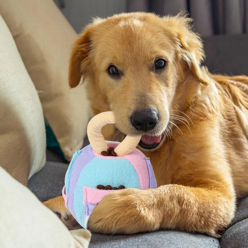 Green polyester dog plush squeaky ball toy with treat pockets, 12cm size