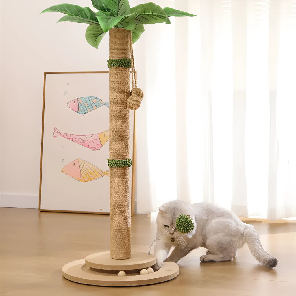 Vertical cat climbing frame with hemp rope posts in a canna colour with chamfered columns.