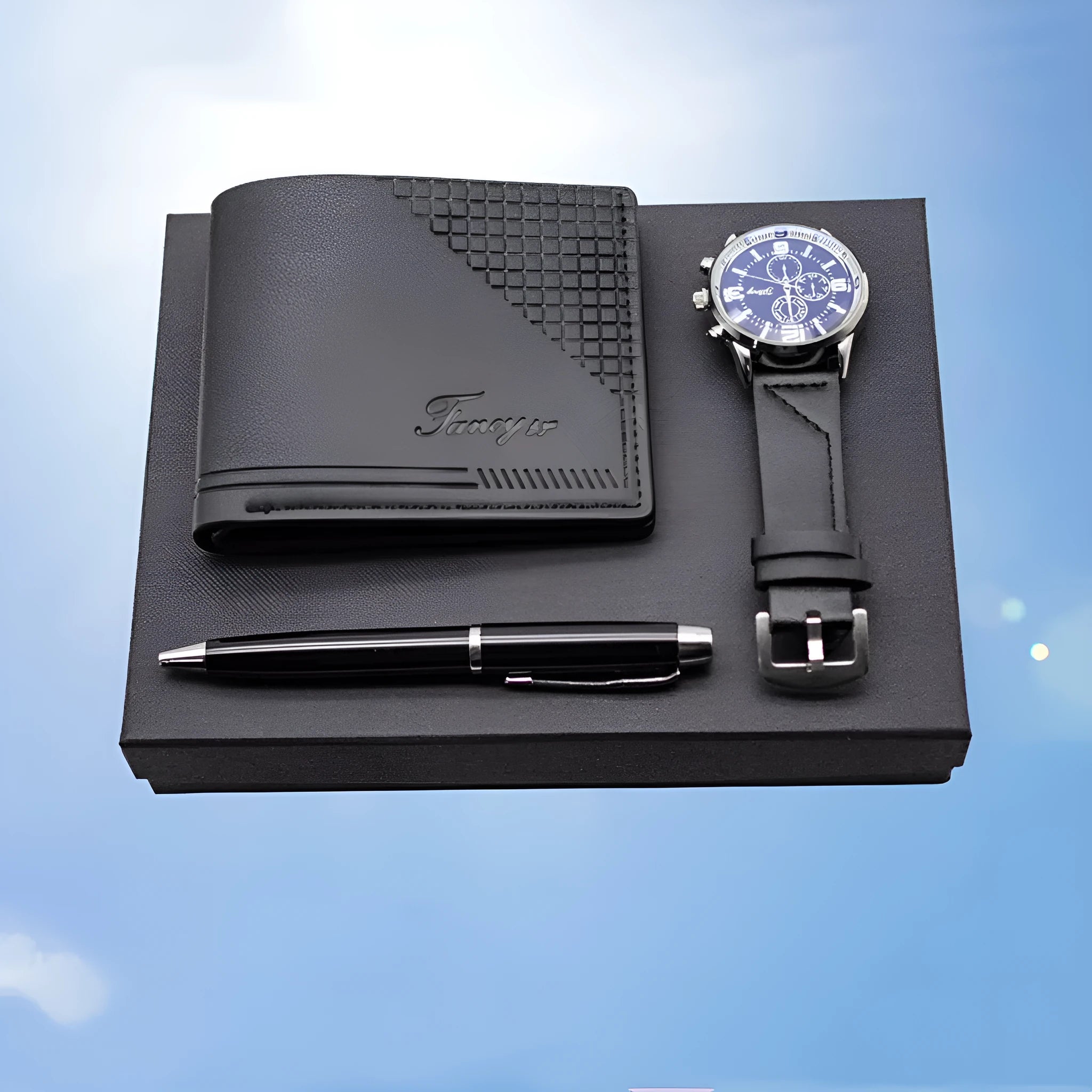 Modern simplicity wallet pen watch gift set in black or brown with OPP packaging