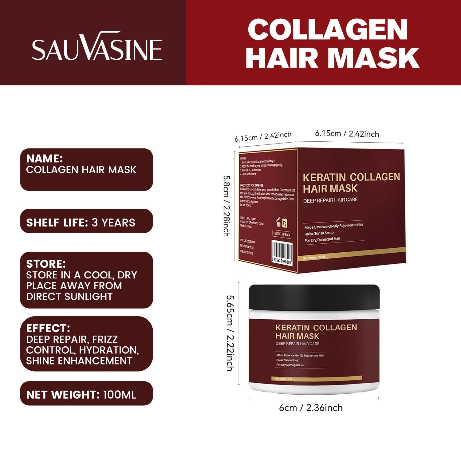 Moisturizing and repairing collagen hair mask 100ml for strengthening damaged hair