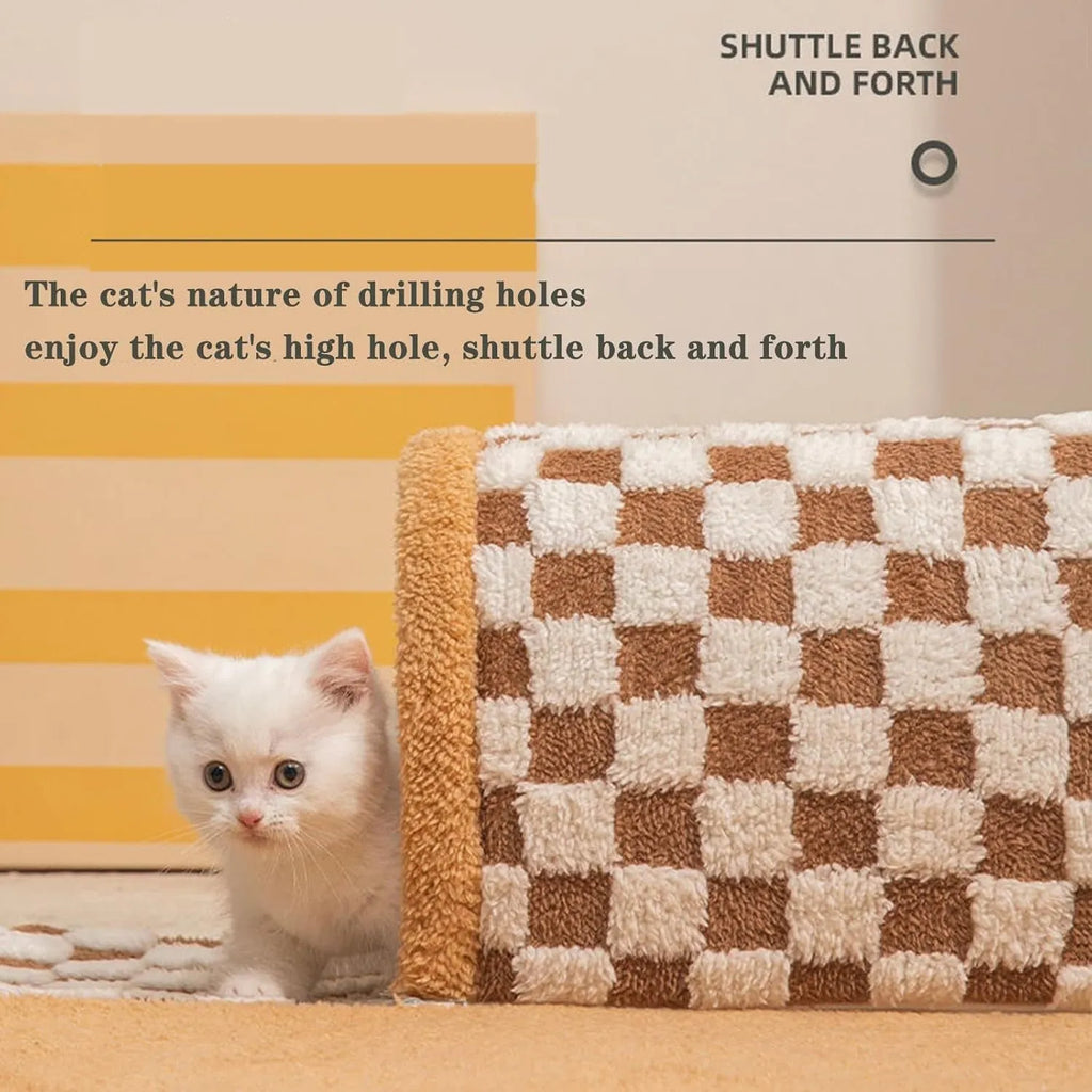 Plush plaid cat tunnel bed with central mat showing collapsible tube structure and non-slip bottom