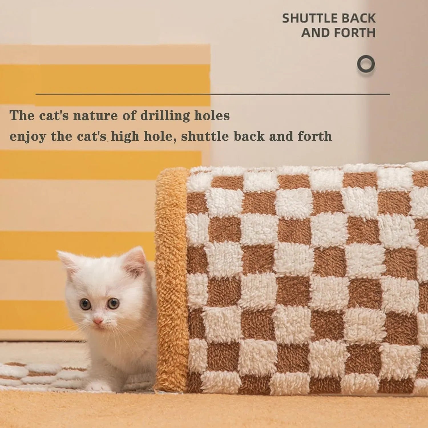 Plush plaid cat tunnel bed with central mat showing collapsible tube structure and non-slip bottom