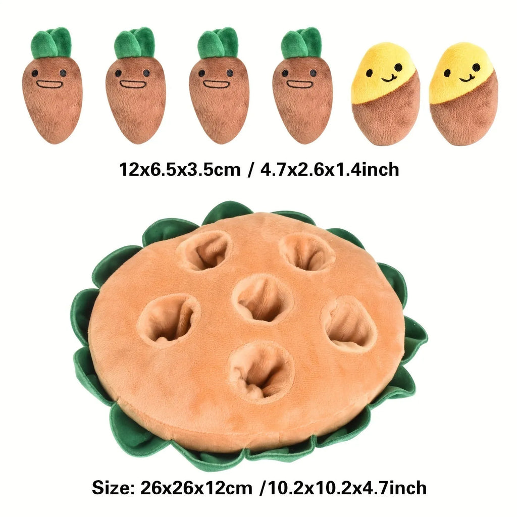 Yellow interactive dog puzzle pad with removable squeaky plush toys for slow feeding and foraging games.