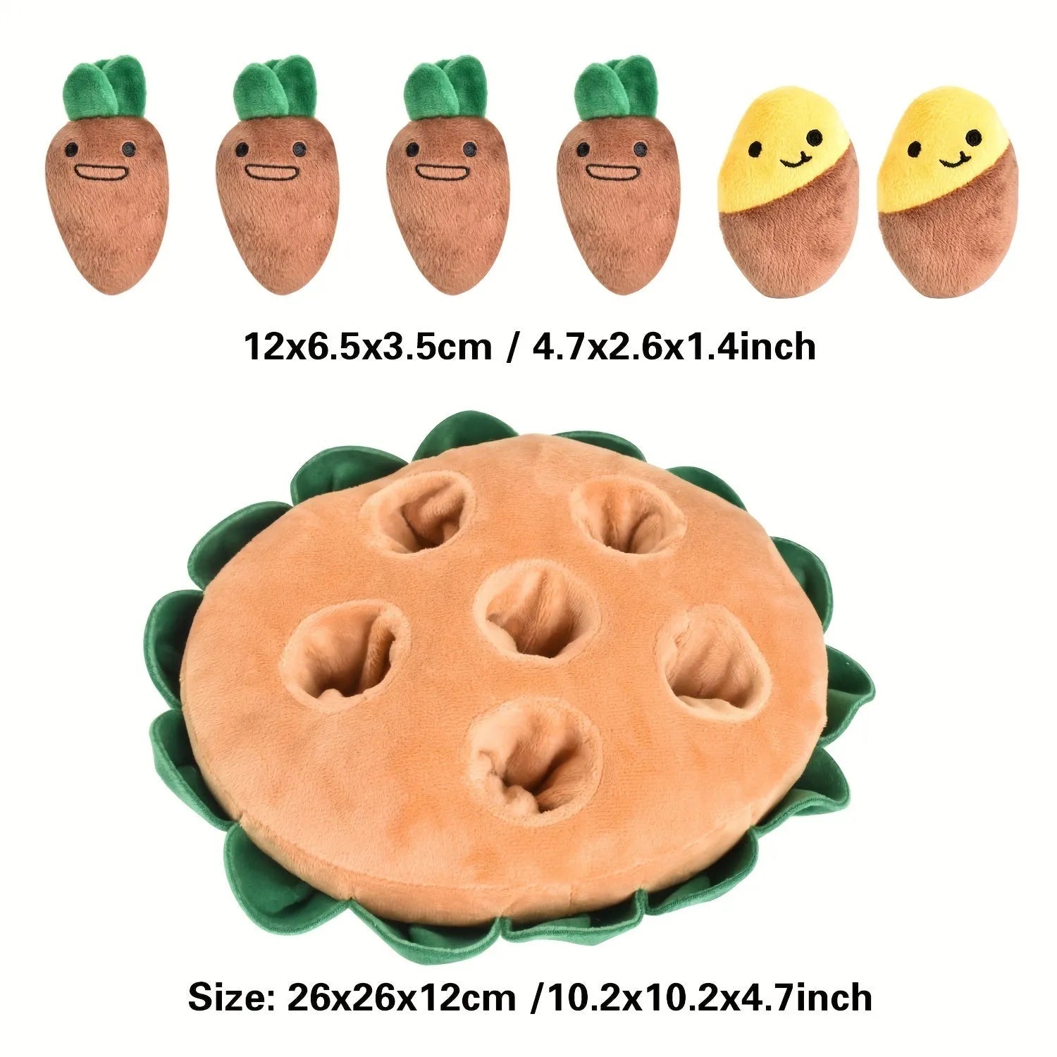 Yellow interactive dog puzzle pad with removable squeaky plush toys for slow feeding and foraging games.