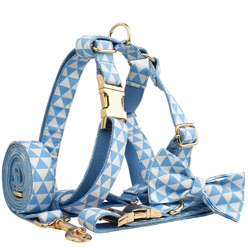 Blue triangular ring dog collar leash bow vest four-piece set on cloth material with size options XS to XL