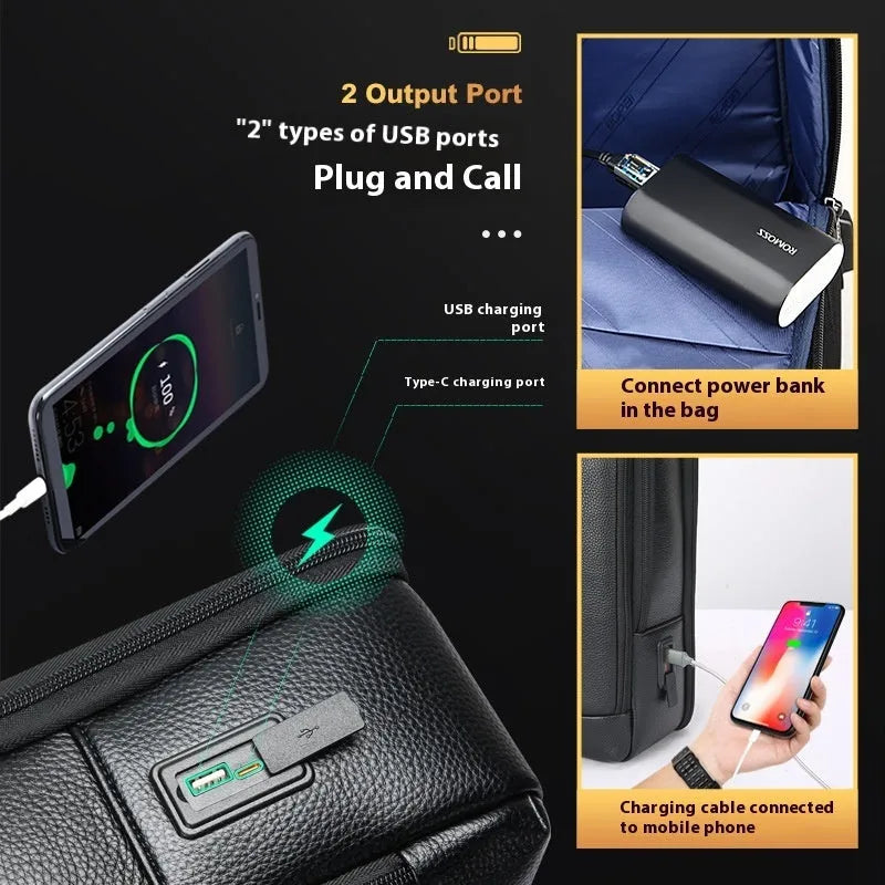 Black leather commuter backpack with USB interface and curved shoulder straps
