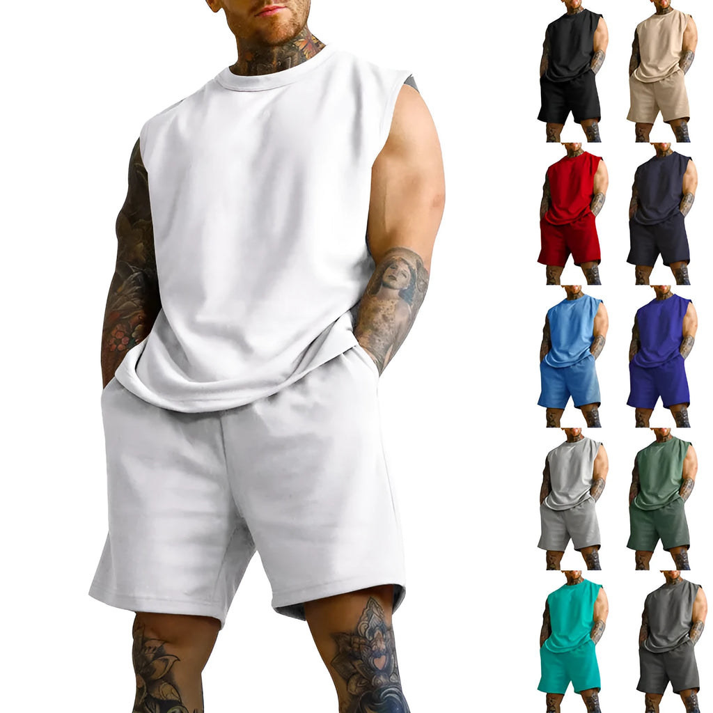 Men's sleeveless cotton blend sports top and shorts set in a solid colour on a mannequin.