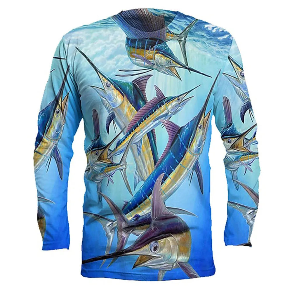 Man wearing a grey pullover with a colourful fish print graphic, long sleeves and a round neck.