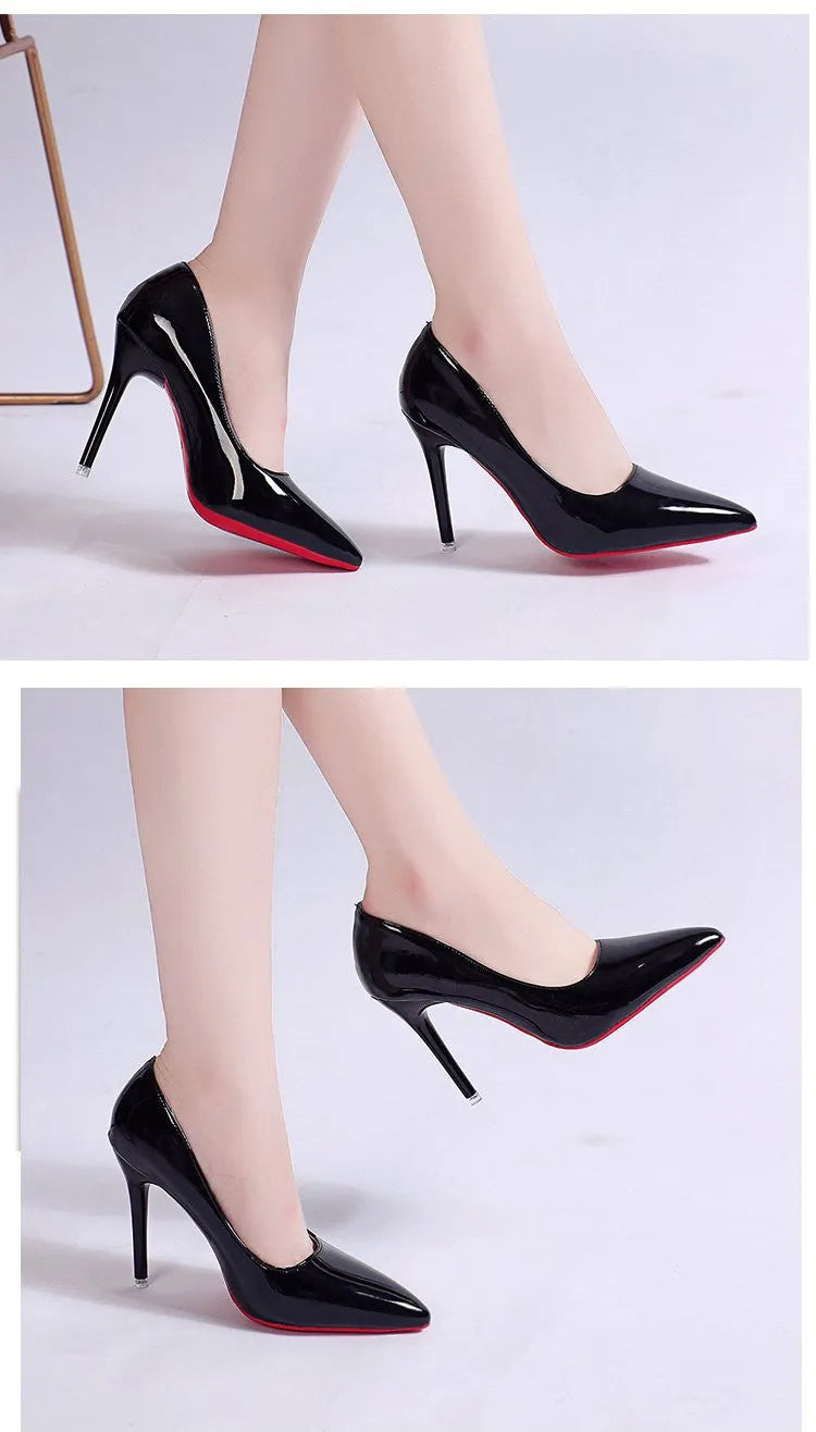 Women's solid colour pointed toe pumps with a stiletto heel and shallow cut, shown in multiple colour options.