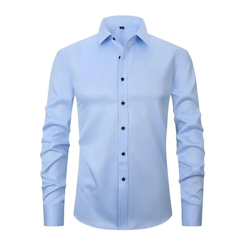 Men's grey stretch long sleeve polyester work shirt on a hanger