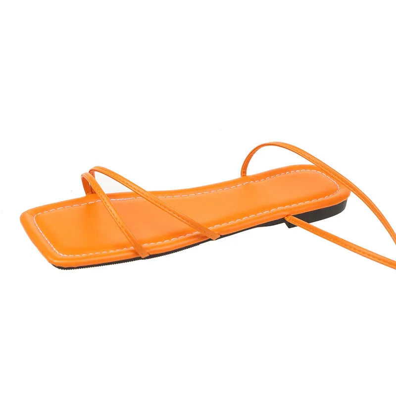 Women's flat sandals with ankle ring bandage cloth and front lace-up design in three colours
