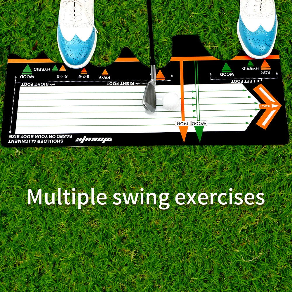 Black neoprene golf swing stance training pad on green grass