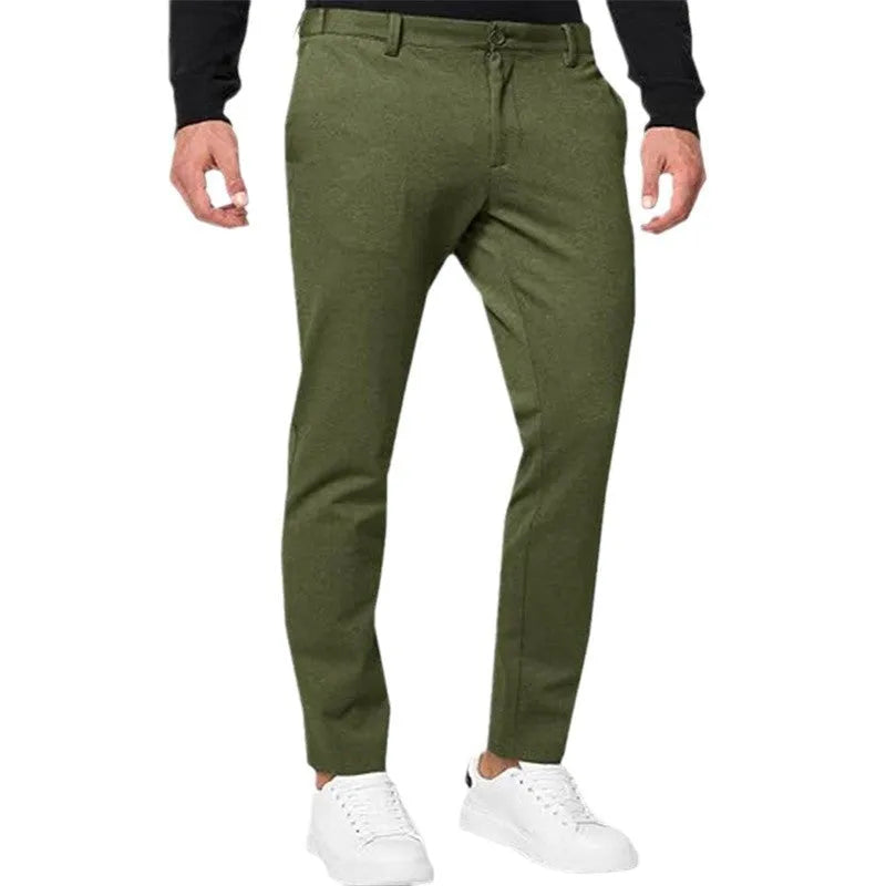 Men's chino slim-fit stretch pants in khaki with tapered leg and mid waist