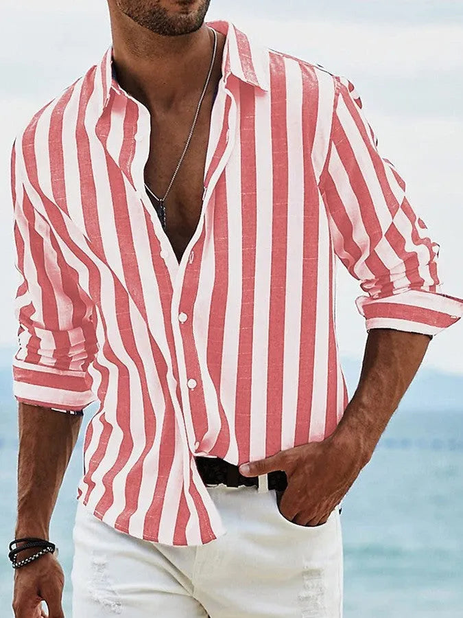 Men's striped casual shirt in loose fit cardigan style with long sleeves