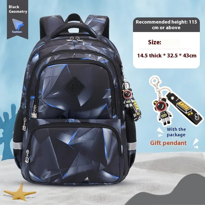 Children's waterproof Oxford cloth school backpack in a choice of dinosaur, rainbow, starry sky, and geometric designs.
