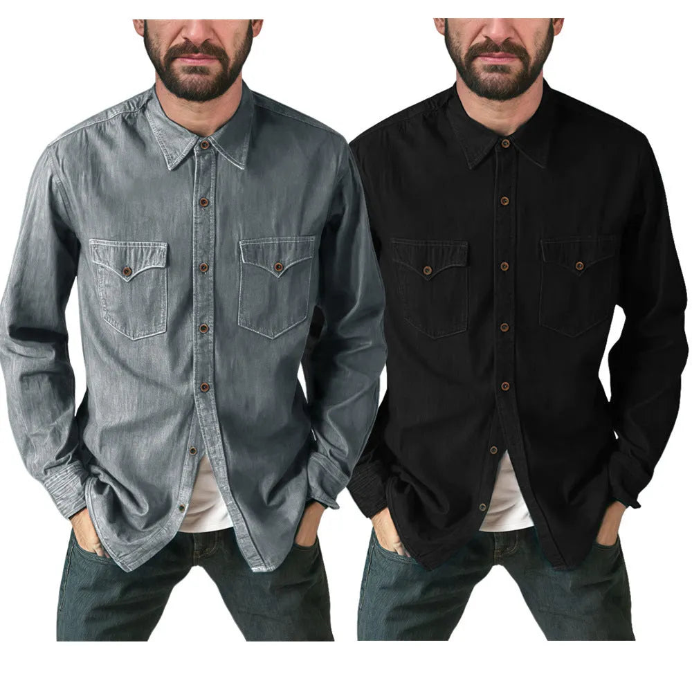 Men's regular fit denim cardigan coat in khaki, black, blue, or grey with button front.