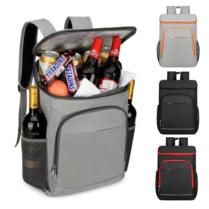 Large capacity Oxford cloth thermal picnic backpack for camping storage, available in black, black red, gray, gray orange