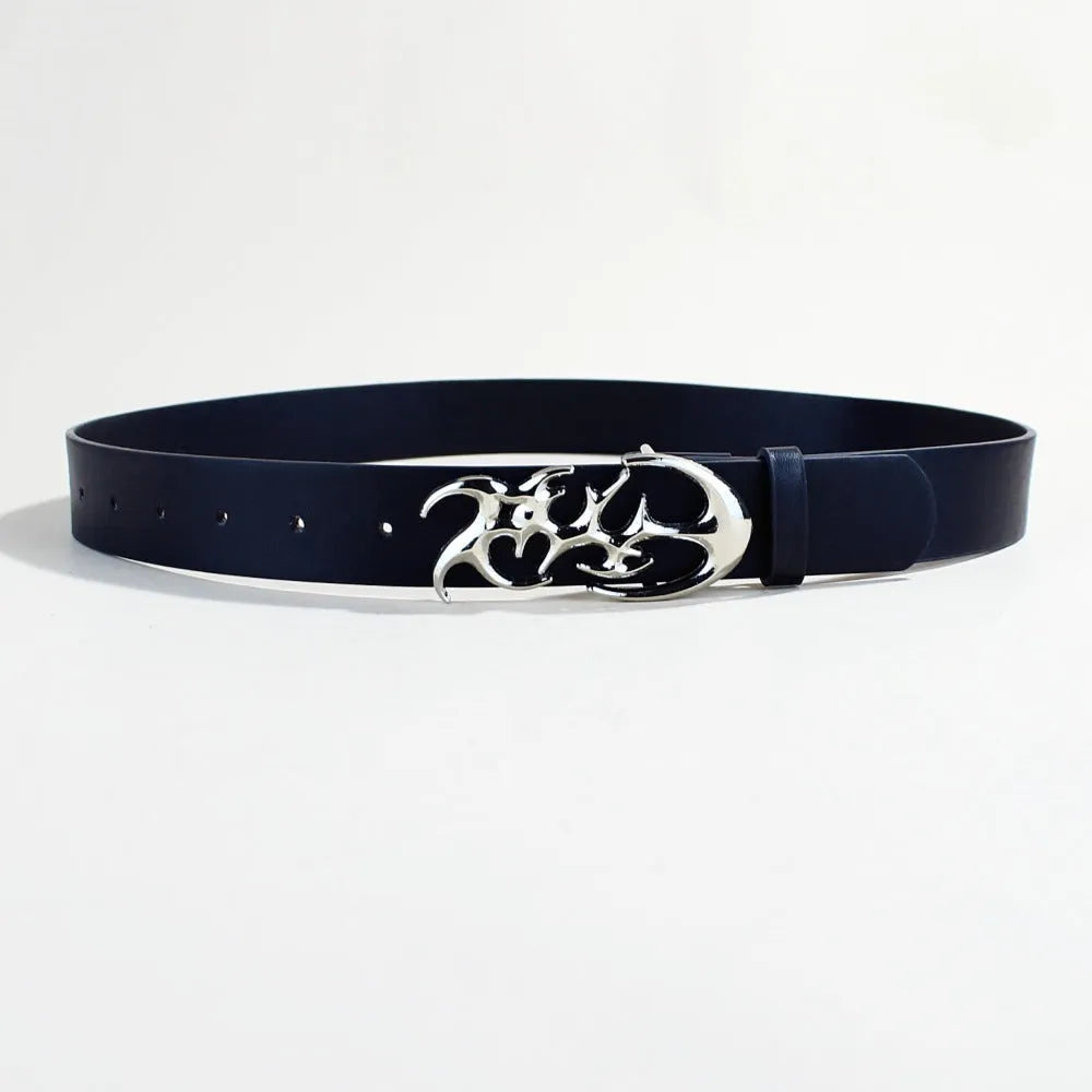 Silver-buckle PU leather casual belt showing snap button fastening on a 105cm long, 3.3cm wide strap.